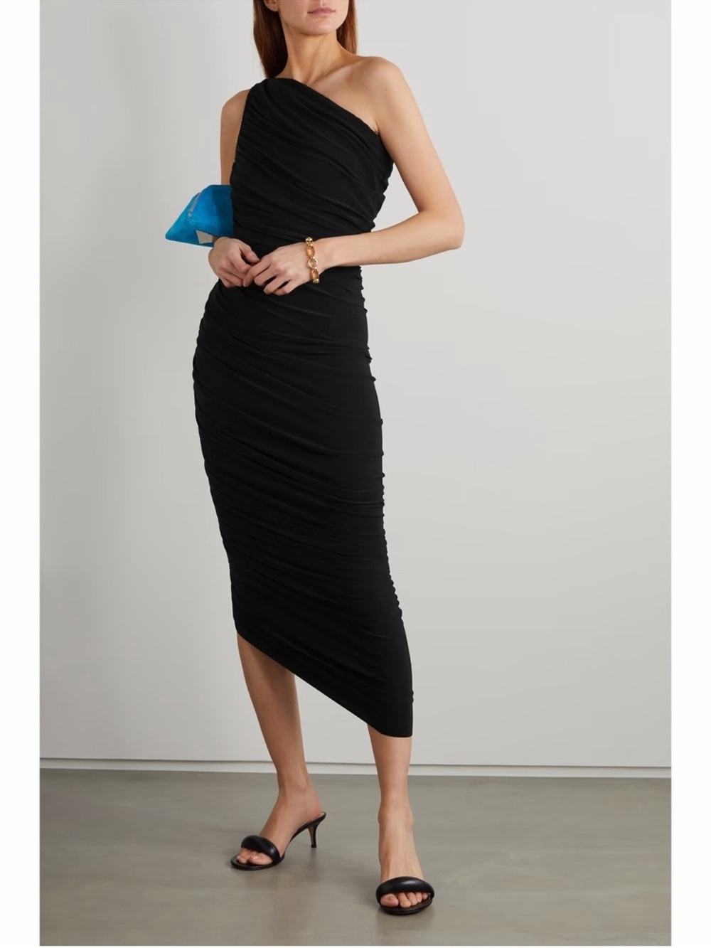 Norma Kamali Diana Gown One-Shoulder Black Ruched Jersey Dress Size Small